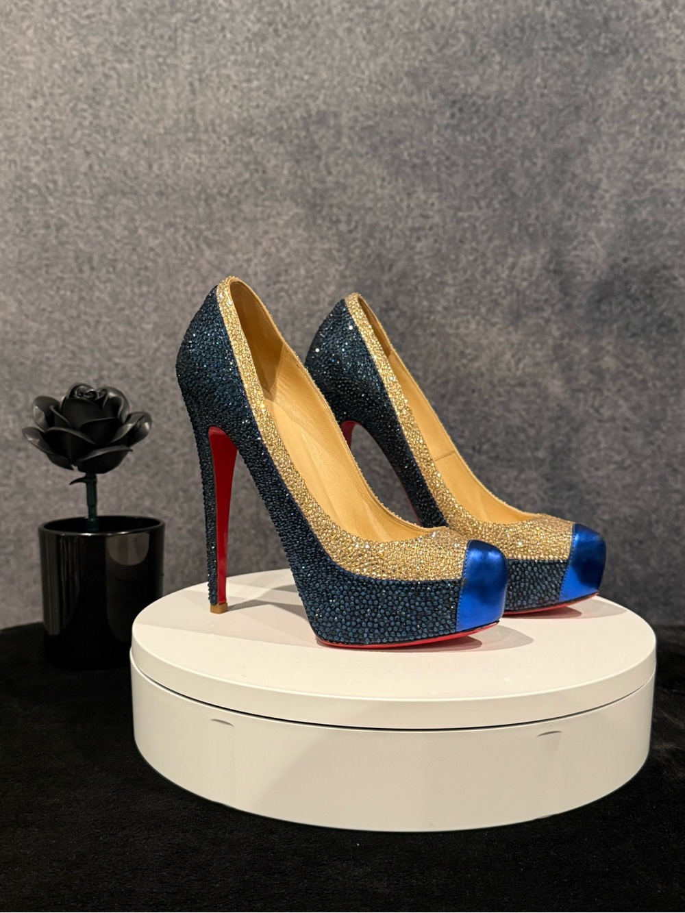 Christian Louboutin Blue and Gold Crystal (Rhinestone) Platform Pumps - Picture 6 of 12